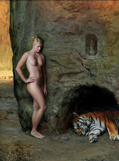 POJon_Swihart_Nude with Tiger_2021_ oil on panel_14 x 10.5 